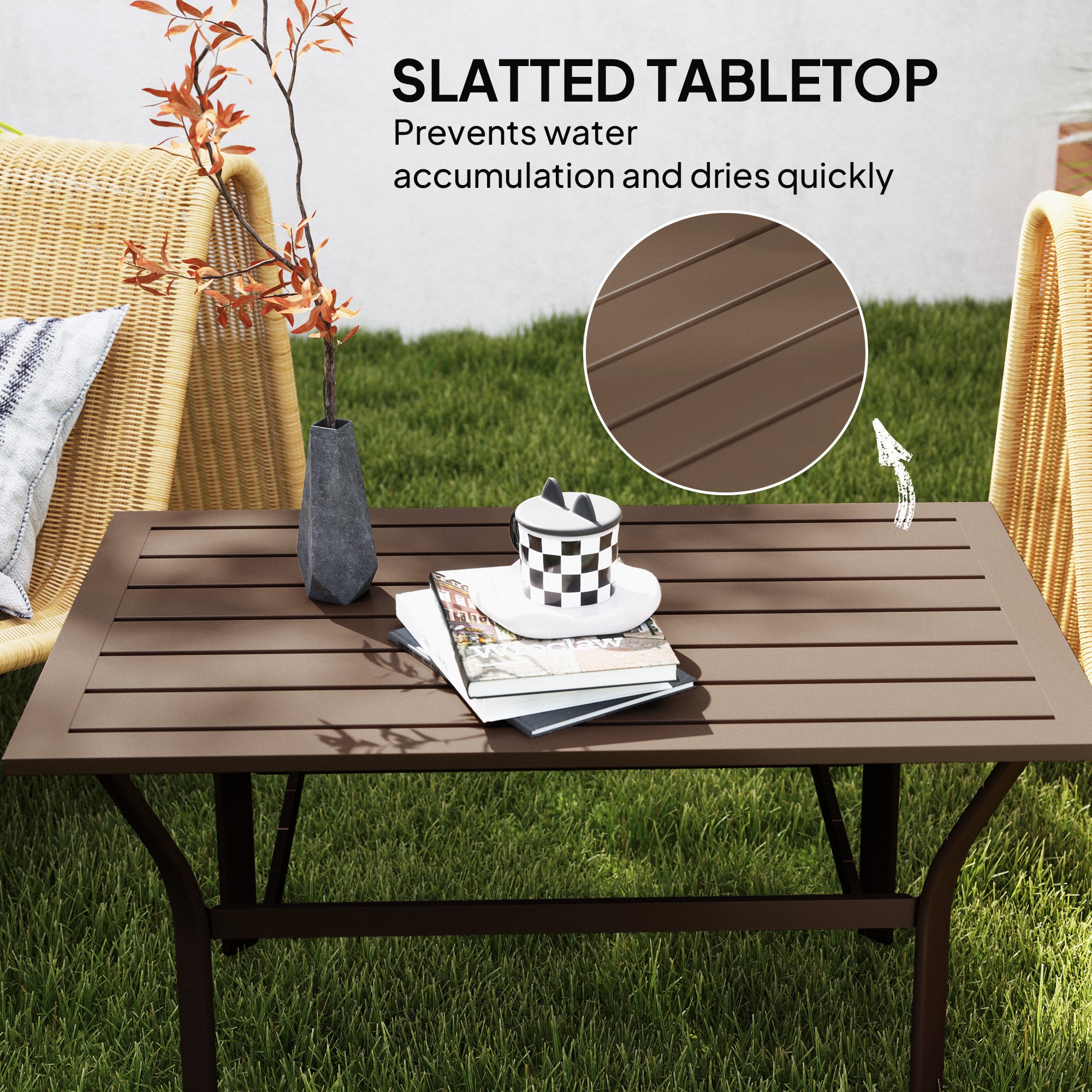 Outdoor Coffee Table with Slatted Tabletop, All-Weather Rectangle Metal Patio Coffee Table for Garden, Brown