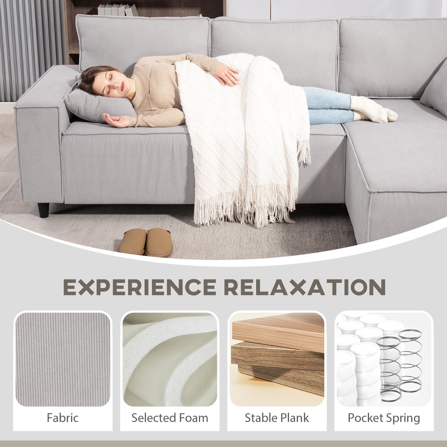 Corner Sofa with Reversible Chaise Lounge, Corduroy L-Shaped Sectional Sofa with Pocket Spring, Light Gray