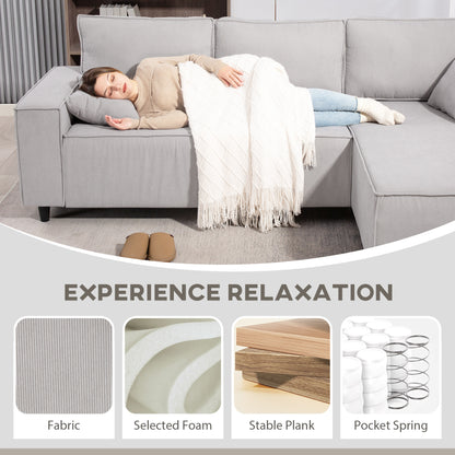 Corner Sofa with Reversible Chaise Lounge, Corduroy L-Shaped Sectional Sofa with Pocket Spring, Light Gray