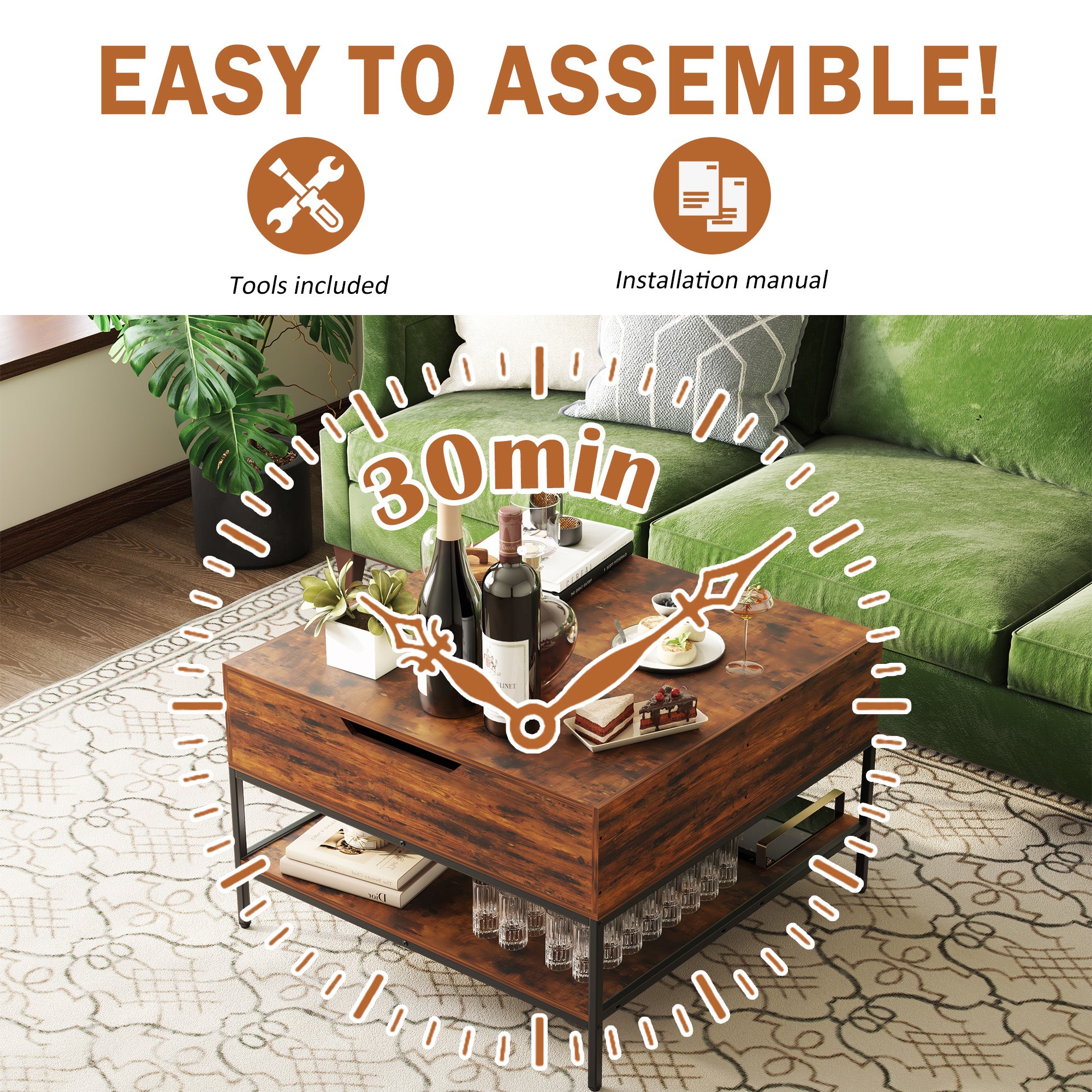 Farmhouse Flip Top Coffee Table With Storage Rustic Wood Grain Table, Hidden Storage Compartment For Living Room, Sturdy Metal Frame Easy To Assemble & Clean