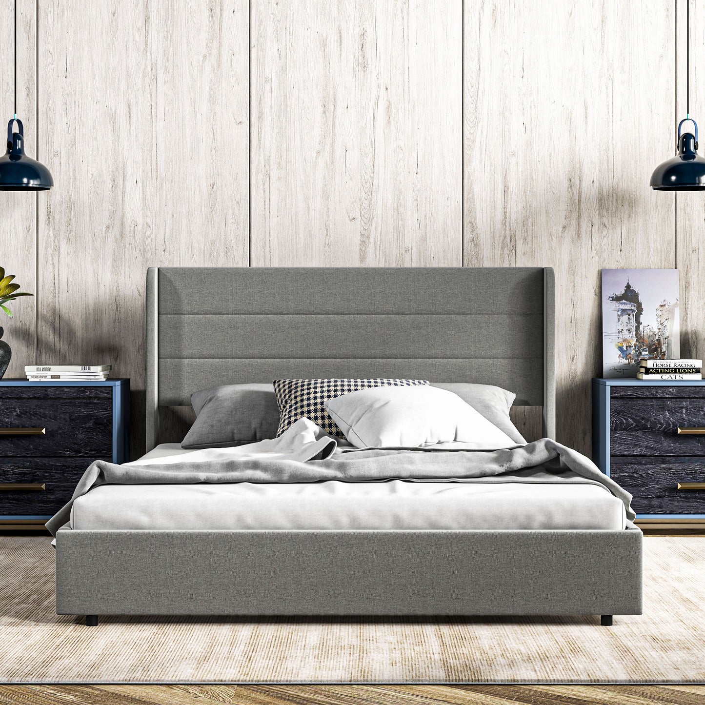 Queen Bed Frame with Storage Drawers, Queen Size Bed Base with Headboard, Wood Slats, Noise-Free, Light Gray