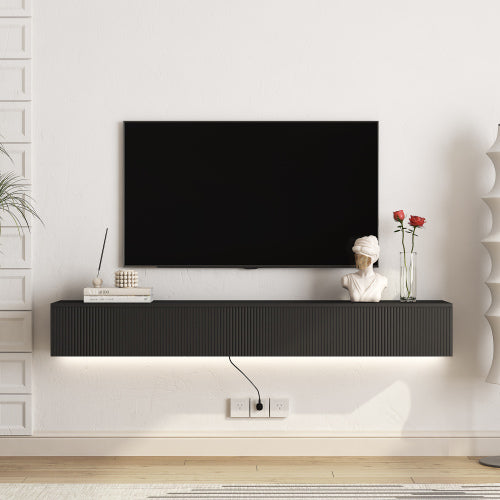 Floating TV Stand Wall Mounted With 16 Color LEDs,Modern TV Stand, Floating TV Cabinet Entertainment Center For 55 60 65 Inch TV,Black