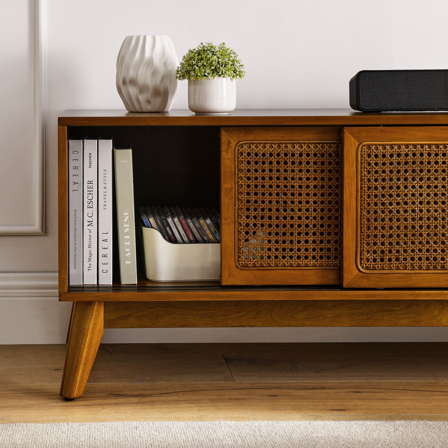 59 Inch Mid Century Modern Rattan TV Stand For 65 Inch TV, Entertainment Cabinet, Media Console For Living Room Media Room, Solid Wood Feet & Rattan Cabinet Doors - Light Wood