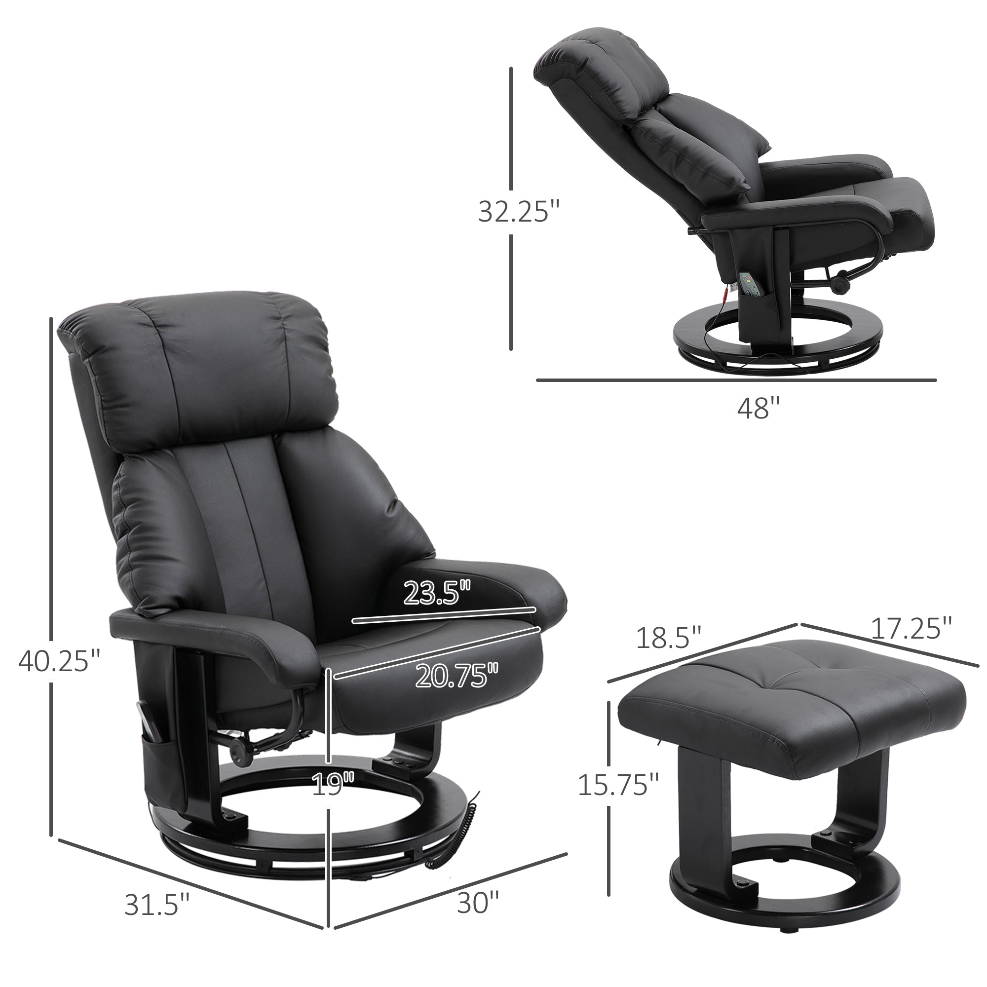 Massage Recliner Chair with Ottoman, 360° Swivel Recliner and Footstool, 10 Point Vibration, PU Leather Reclining Chair with Side Pocket and Remote Control, Black