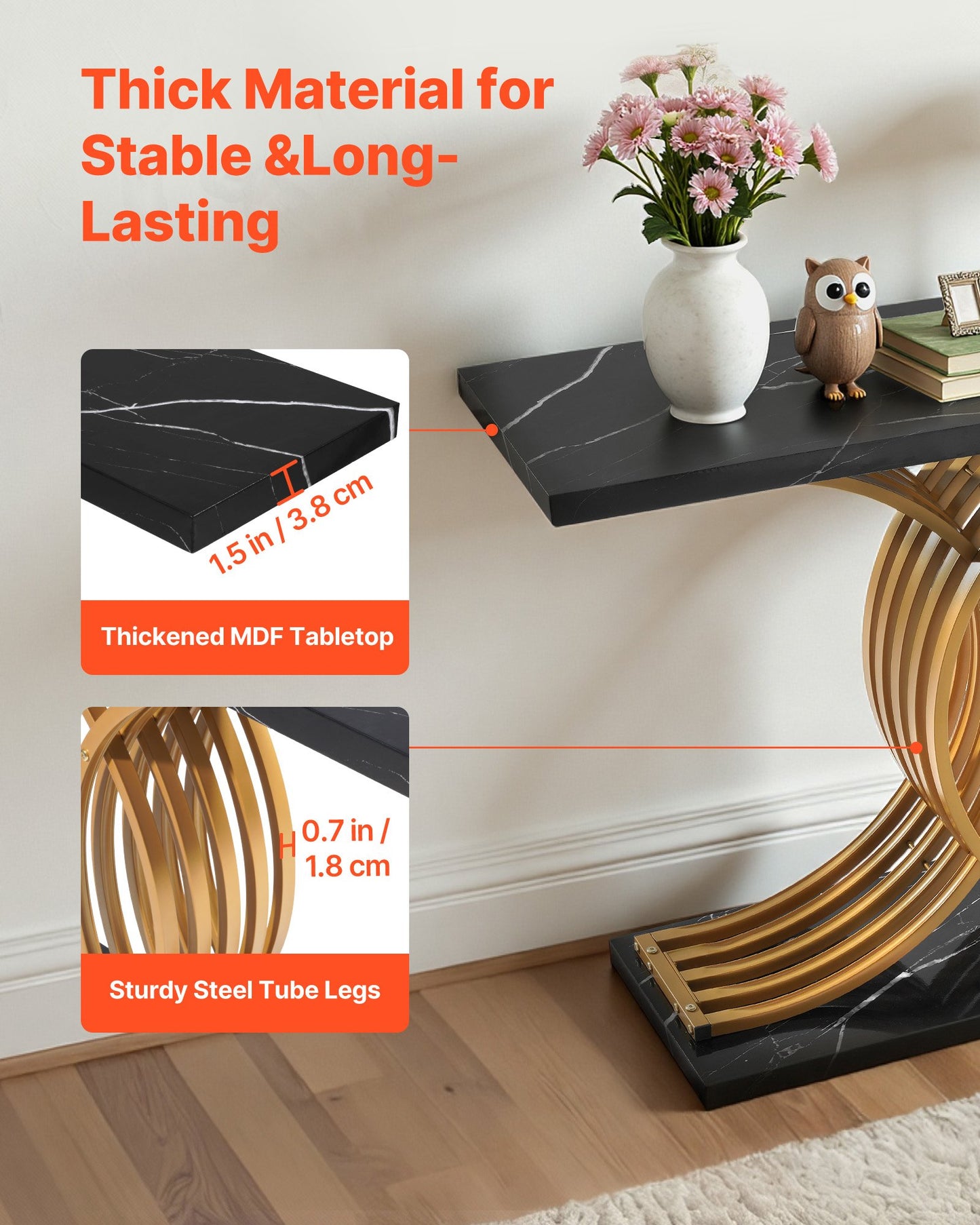 39 In Gold Console Table, Modern Desk Behind The Couch, Wood Rectangle Entrance Desk, Narrow Long Sofa Table Accent Stand With Metal Legs For Hallway, Bedroom, Living Room, Foyer, Easy Assembly