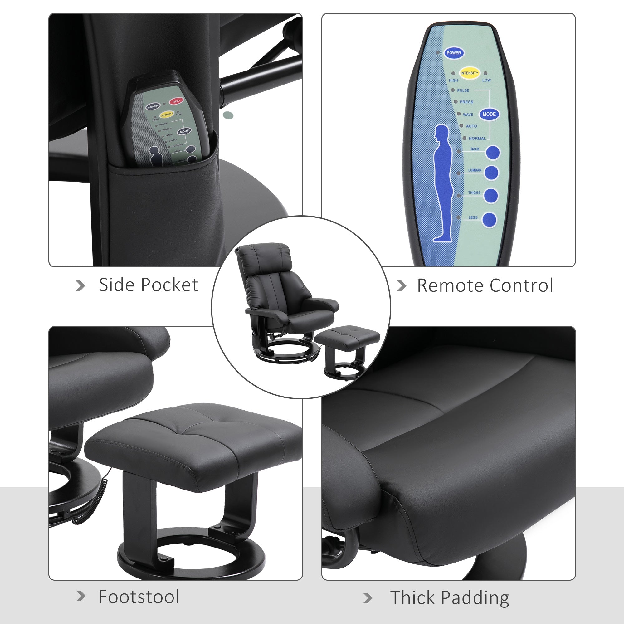 Massage Recliner Chair with Ottoman, 360° Swivel Recliner and Footstool, 10 Point Vibration, PU Leather Reclining Chair with Side Pocket and Remote Control, Black