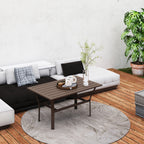 Outdoor Coffee Table with Slatted Tabletop, All-Weather Rectangle Metal Patio Coffee Table for Garden, Brown