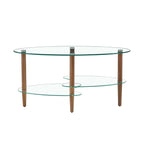 Transparent Oval Glass Coffee Table, 3-Layer Oak Leg Modern Living Room Table
