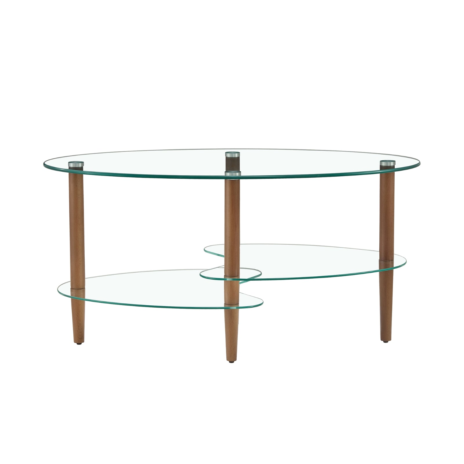 Transparent Oval Glass Coffee Table, 3-Layer Oak Leg Modern Living Room Table