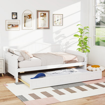 Twin Size Day Bed Frame With Trundle, Integrated Headboard & Armrests, Space-Saving Trundle Bed , Sturdy Wood Construction