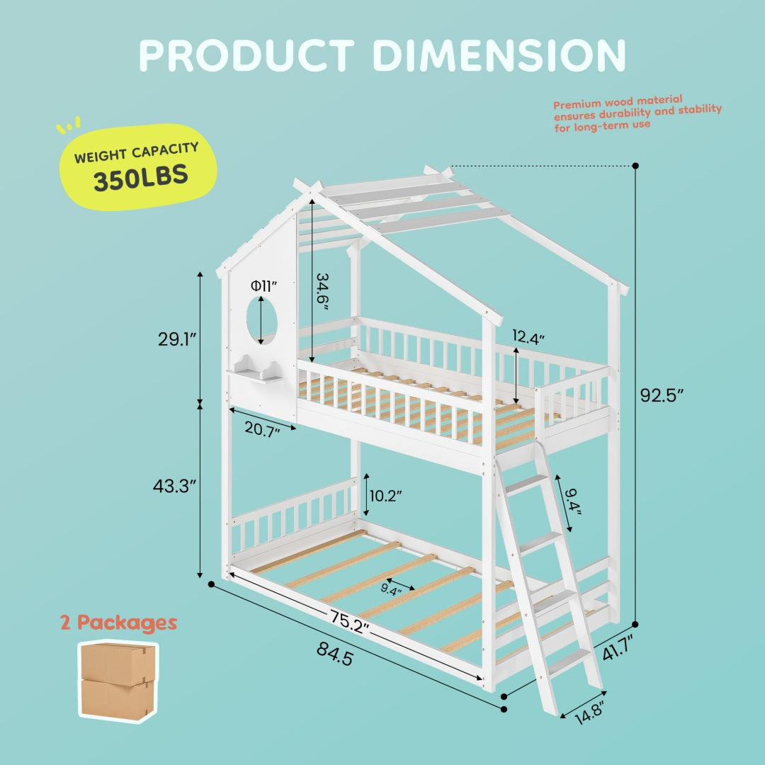A-B Combination Sale, Please Do Not Buy Separately---Wood Twin Over Twin House Bunk Bed, Loft Bed With Ladder, Safety Guardrail, Wooden Slats & Window