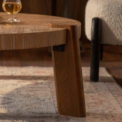 Wood Round Coffee Table For Living Room, Rustic Natural Coffee Table For Apartment, Easy Assembly