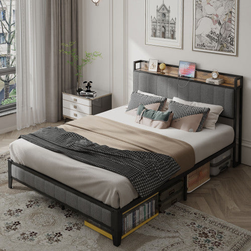Queen Size Bed Frame With Charging Station, Upholstered Headboard, Metal Platform, Grey