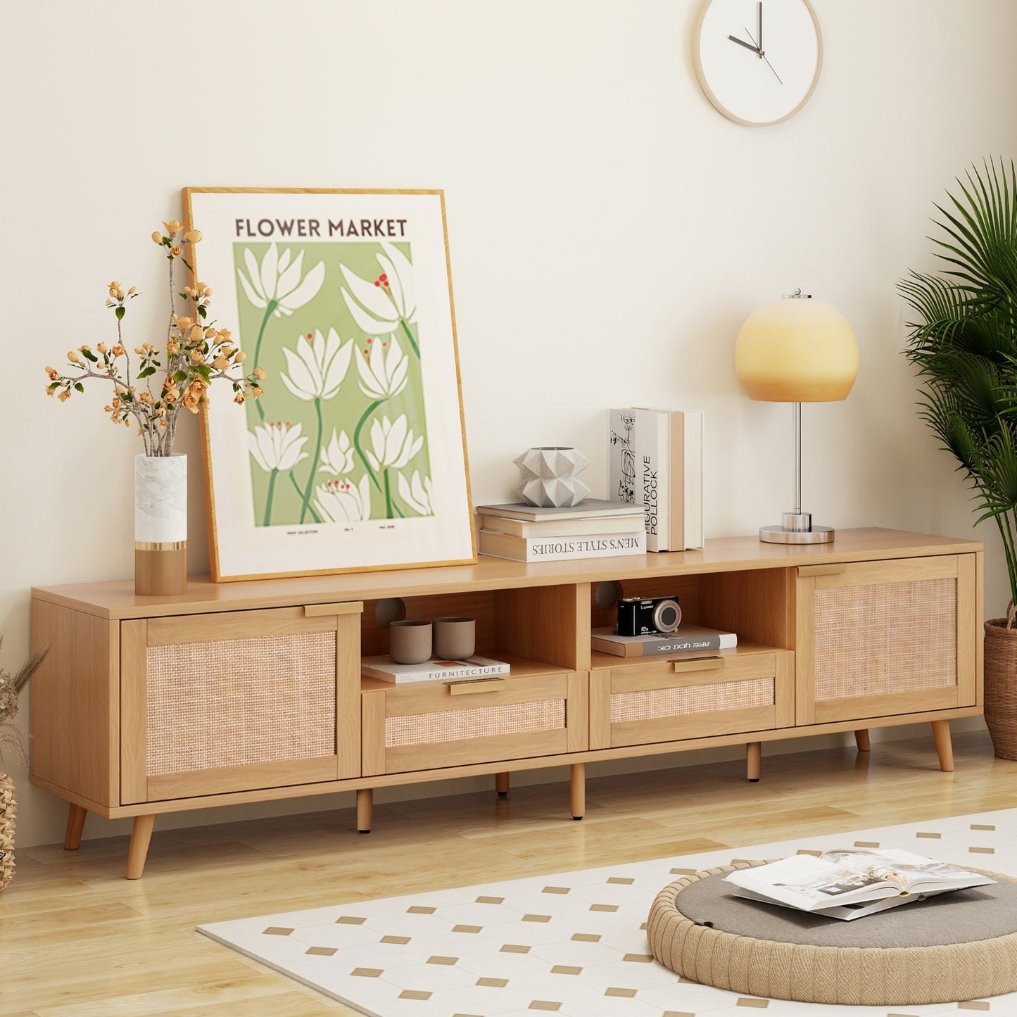 Rattan TV Stand For TVs Up To 85'', Modern Farmhouse Media Console Center