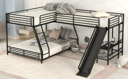 L-Shaped Twin Full Bunk Bed With Loft, Desk  Slide, Black