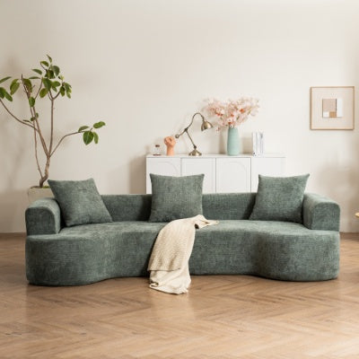 Modern Style Curved Sofa, Soft Corduroy Sofa With 3 Pillows, Living Room Milky White Ultra Smooth Curved Fabric Sofa