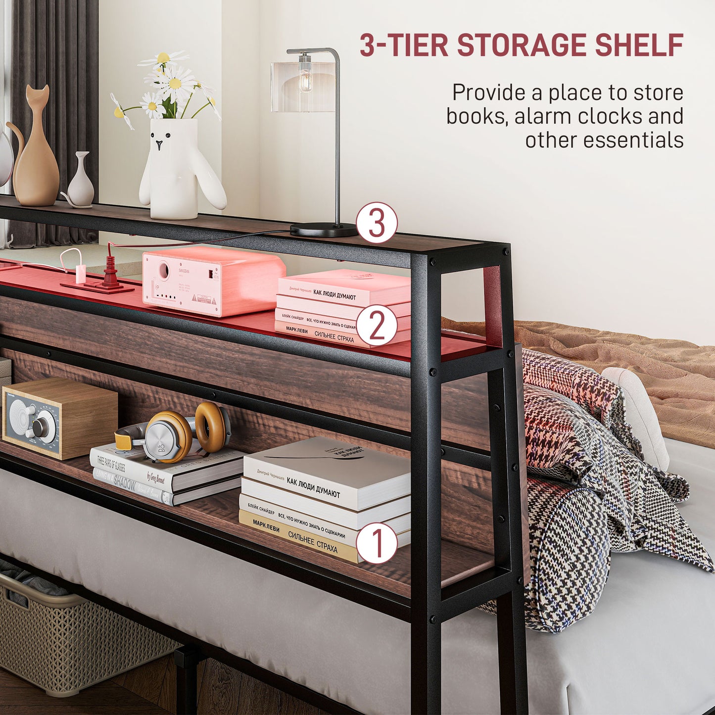 King Size Bed Frame with LED Lights and Charging Station, King Bed Frame with Storage Headboard, Noise-Free, Walnut