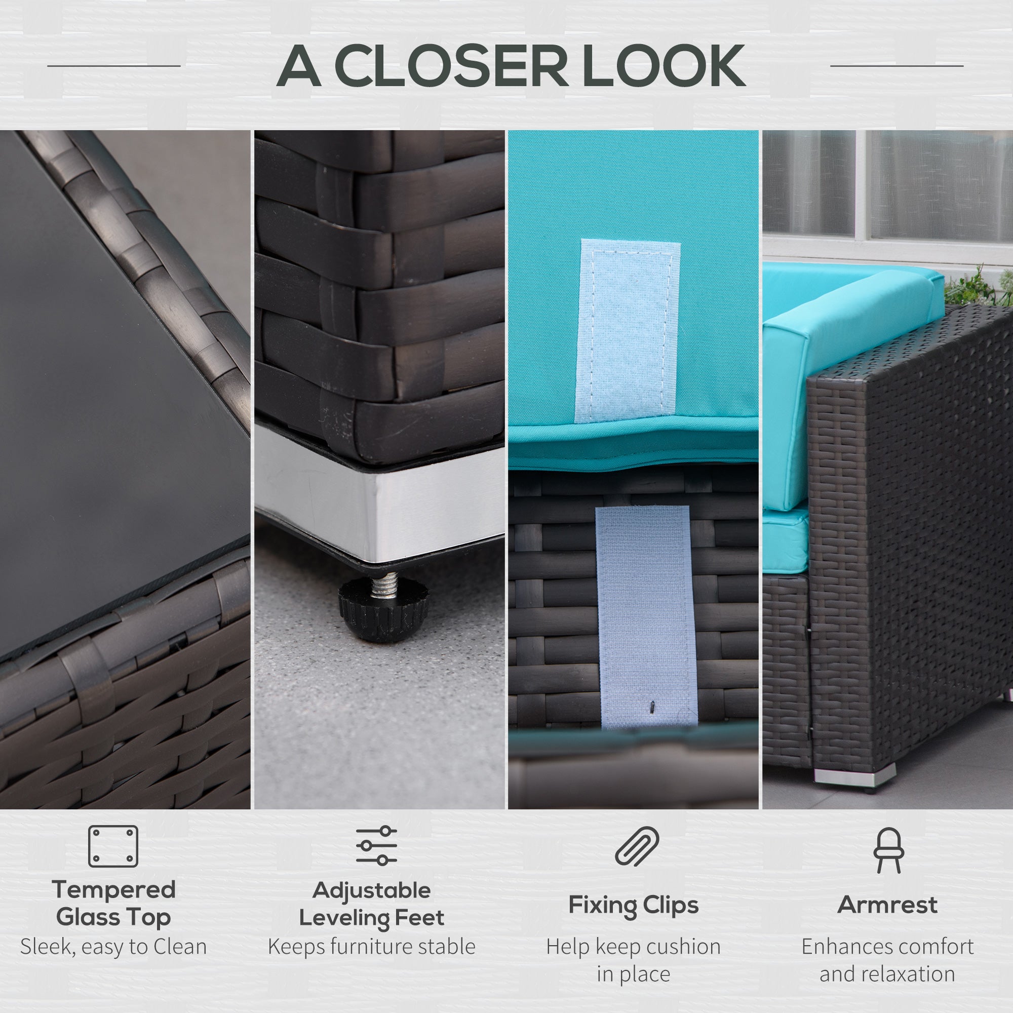 7-Piece Wicker Patio Conversation Set With Cushions & Glass Table, Turquoise