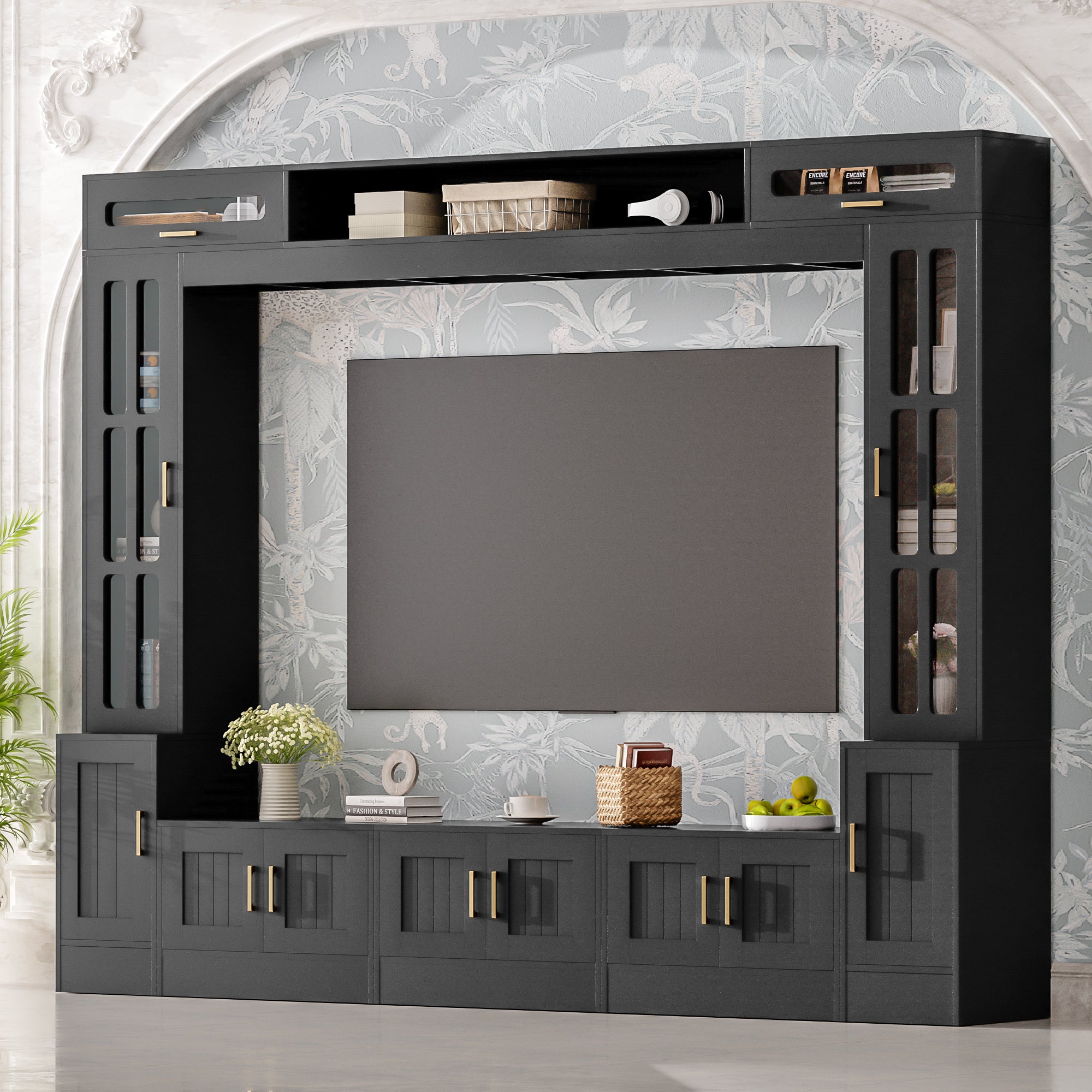 VIBE HAUS 98.4 W Wall Unit Entertainment Center With Bookshelves For TVs Up To 80, Modern TV Stand Media Console With Cabinets, Tempered Glass Doors And Adjustable Shelves For Living Room