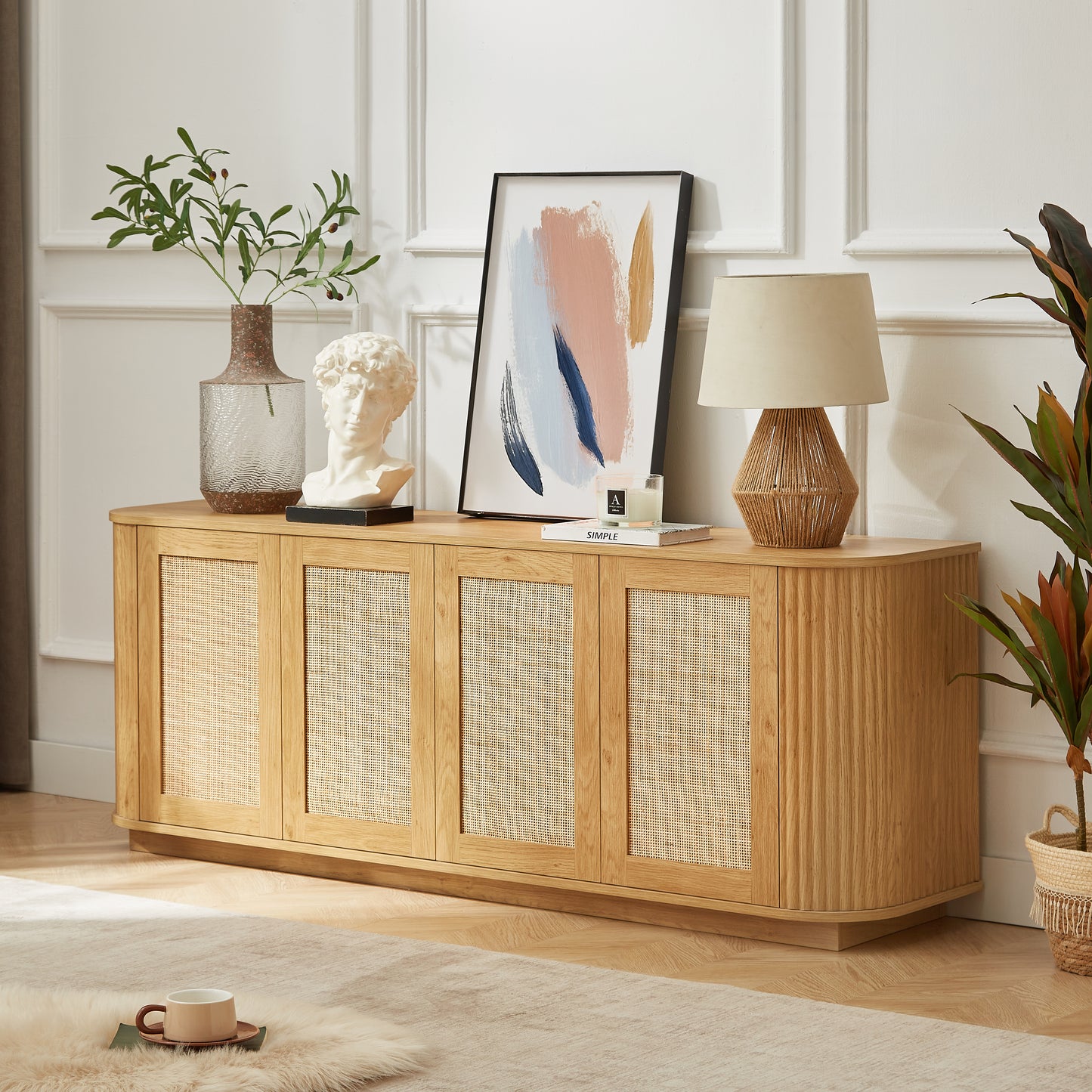 64-inch Wave Shaped TV Stand, Rounded Corner Sideboard, Storage Cabinet, Buffet, Wood Vertical Striped Cabinet With Rattan Doors For Kitchen Bedroom Entryway. Natural, 64W X 15D X 24H