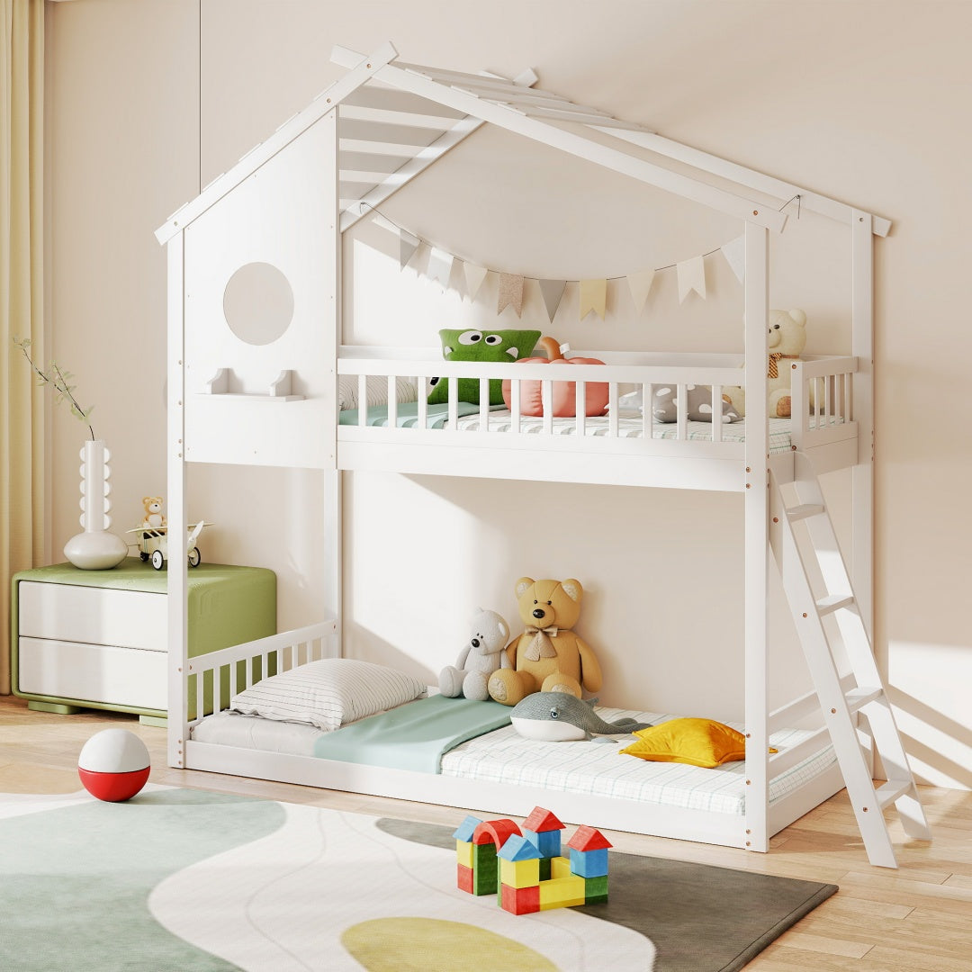 A-B Combination Sale, Please Do Not Buy Separately---Wood Twin Over Twin House Bunk Bed, Loft Bed With Ladder, Safety Guardrail, Wooden Slats & Window