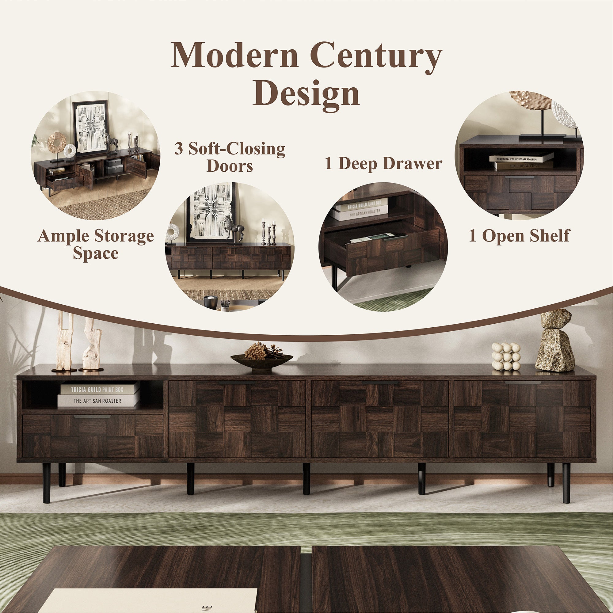 78  Mid Century Modern TV Stand For 65 Inch TVs, TV Console With Storage Cabinets For Living Room, Entertainment Center Storage