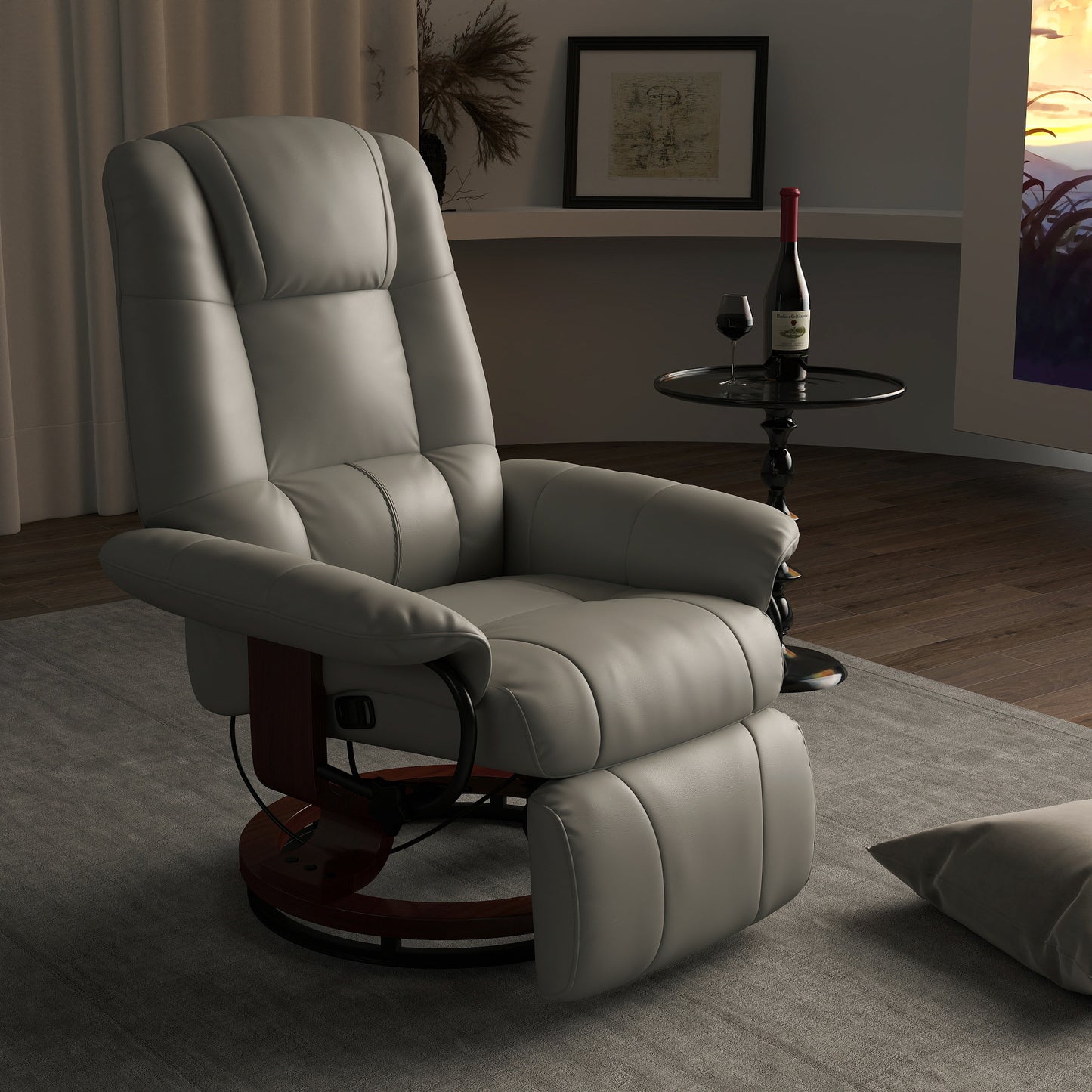 Faux Leather Manual Recliner, Adjustable Swivel Lounge Chair with Footrest, Armrest and Wrapped Wood Base for Living Room, Gray