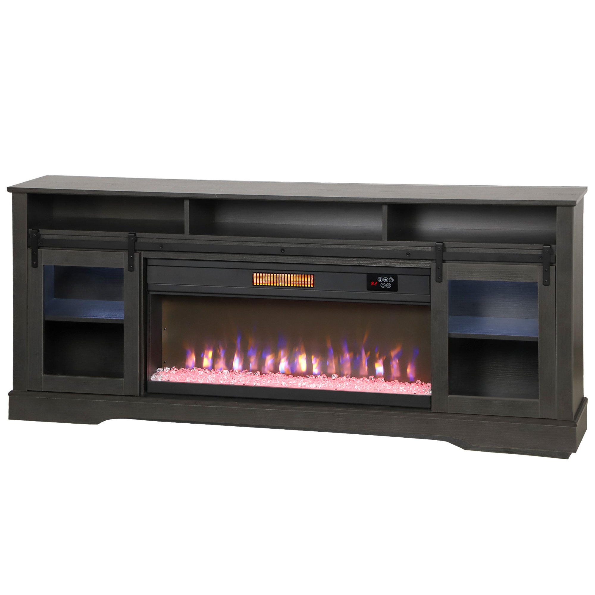 Fireplace TV Stand for TVs Up to 80 Inch, TV Console with Electric Fireplace, Open Storage and Side Cabinets, Gray