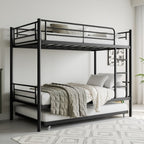 Twin Bunk Bed With Trundle Metal Bunkbeds With Ladder And Full-Length Guardrail, Noise Free, No Box Spring Needed, Black