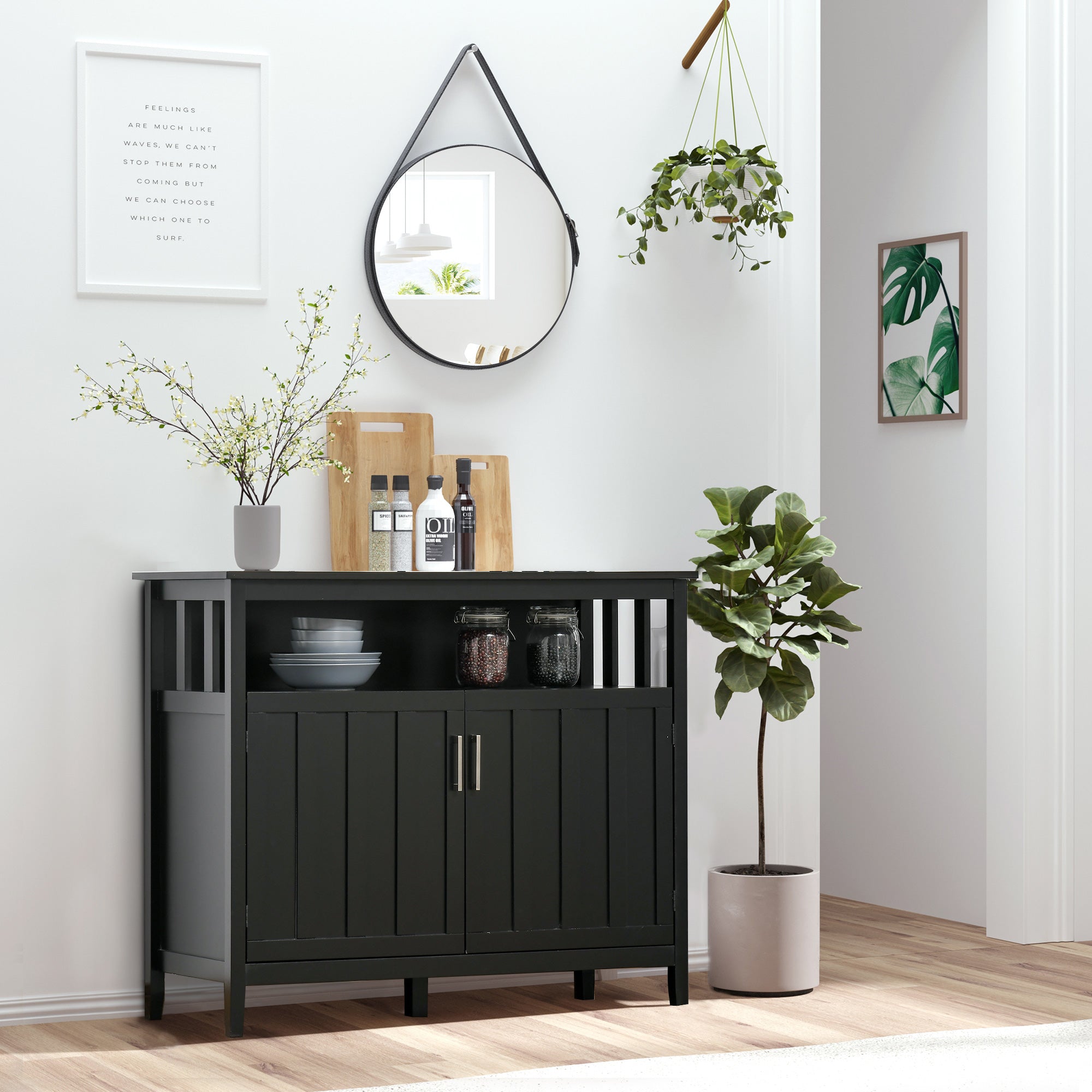 Sideboard Buffet Cabinet, Coffee Bar Cabinet with 2 Doors and Adjustable Shelves, Console Table for Kitchen Entryway Living Room, Black