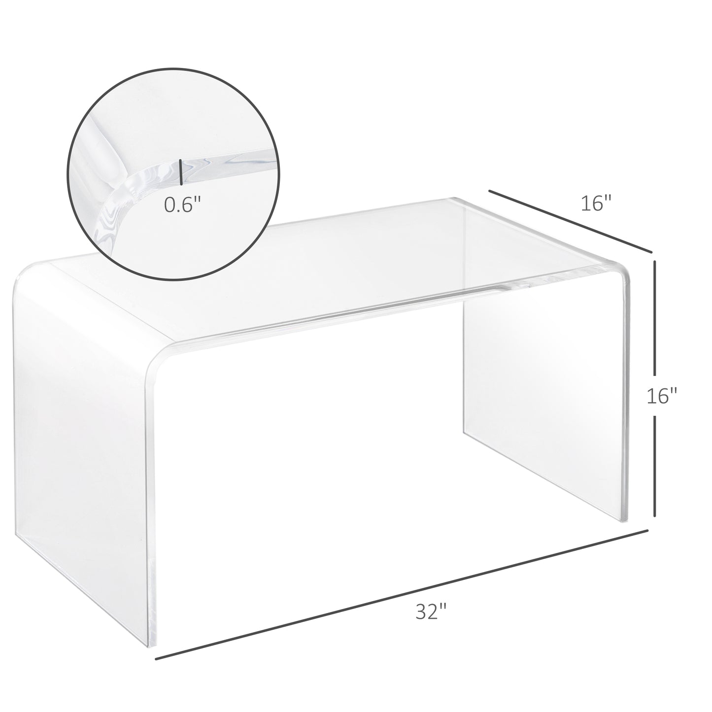 0.6" Thick Acrylic Coffee Table, 32" Long Rectangle Waterfall Coffee Table, Clear