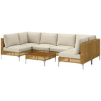 7 Piece Wicker Patio Furniture Set, Modular Outdoor Sectional With Thickened Cushions, Acacia Wood Table, Khaki Beige