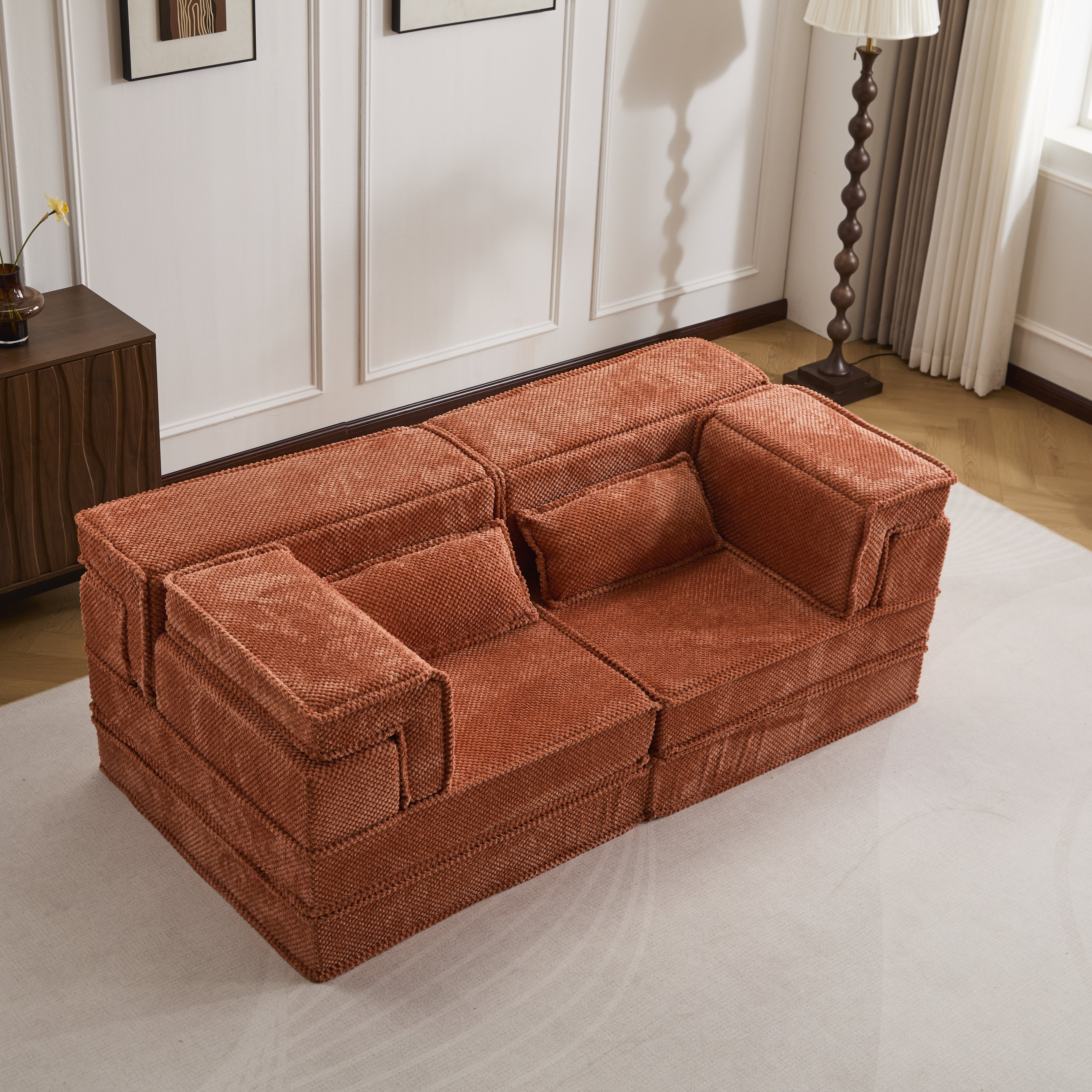 Compression Mahjong Sofa,Convertible Floor Sofa Bed,DIY Boneless Modular Sectional Sofa,No Assembly Required,Circle Fleece Fabric,Modern Oversized Loveseat,Orange