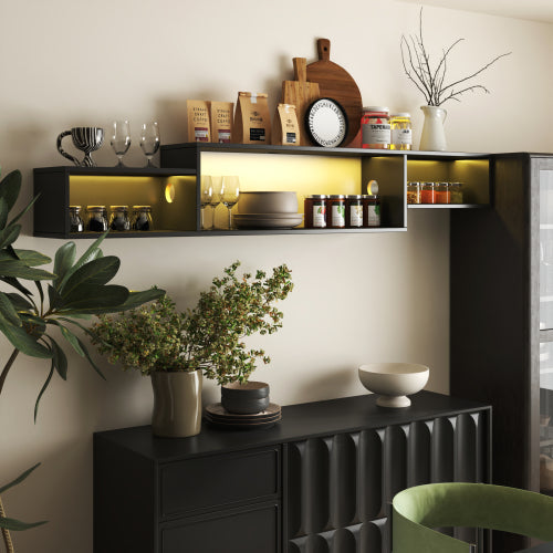 65.35in Wall Mounted Floating TV Stand With 20 Color LEDs And Charging Station