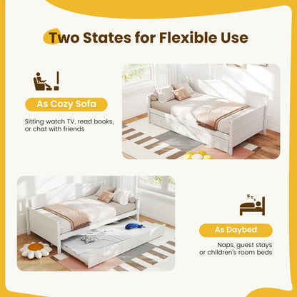 Twin Size Day Bed Frame With Trundle, Integrated Headboard & Armrests, Space-Saving Trundle Bed , Sturdy Wood Construction