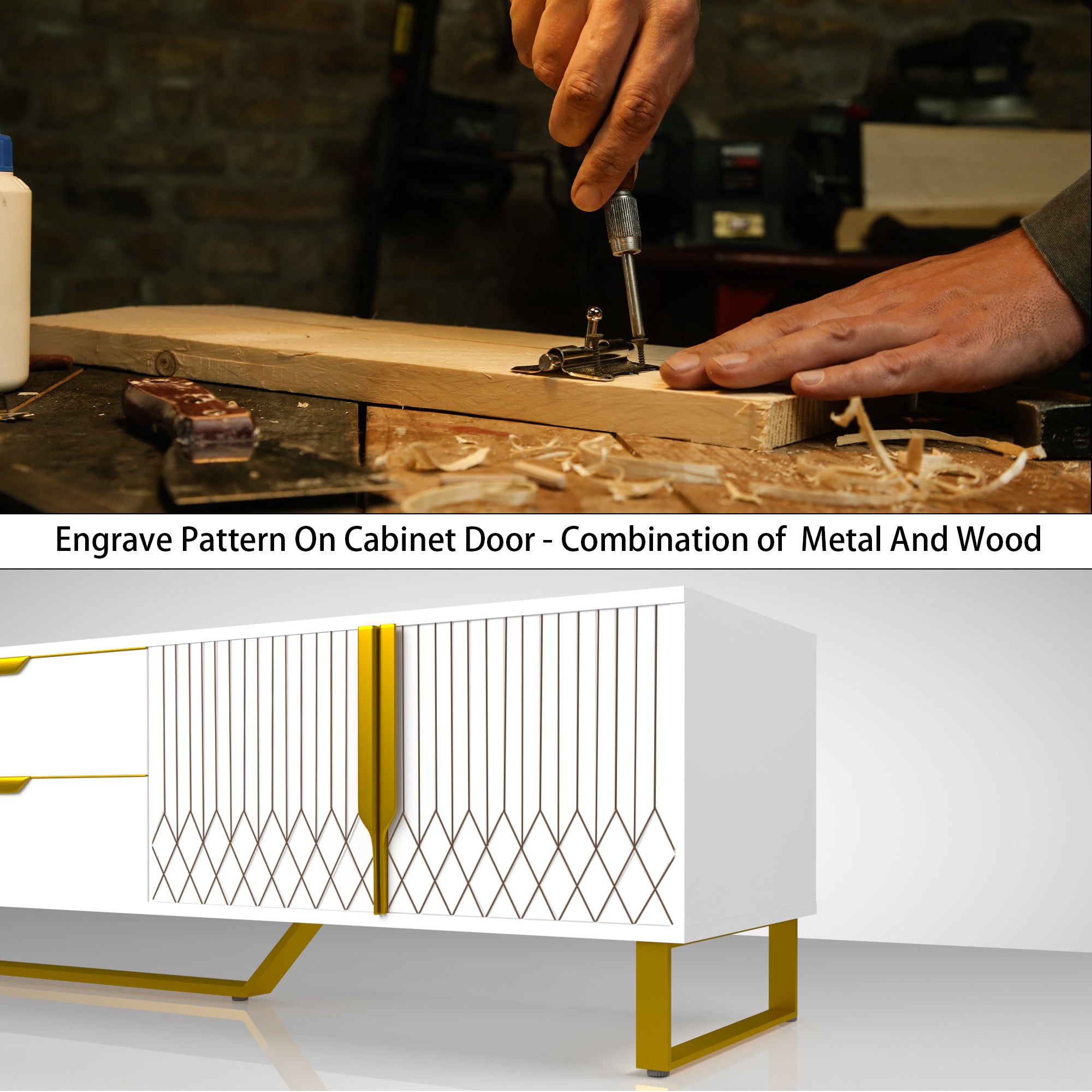 TV Console With Storage Cabinets, Carve Design TV Stand With Metal Legs, Large Storage Space Modern Entertainment Center Suit For Living Room, Bedroom, White