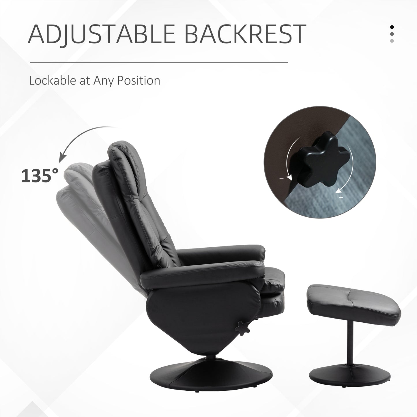 PU Leather Recliner Chair with Ottoman, Swivel Recliner and Ottoman with Round Wrapped Base for Living Room, Black