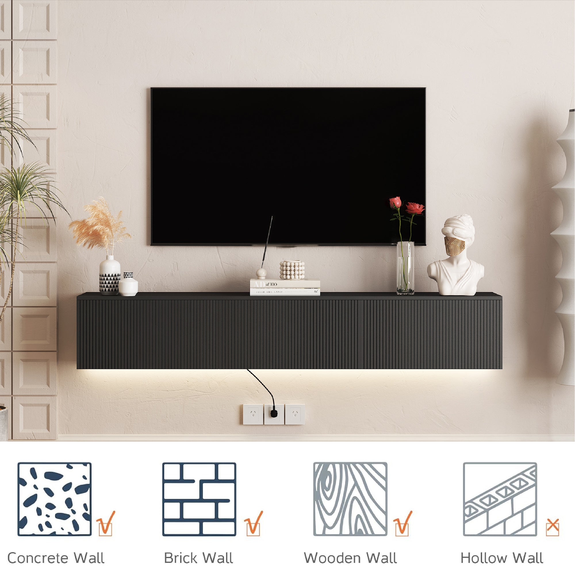 Floating TV Stand Wall Mounted With 16 Color LEDs,69 Modern TV Stand, Floating TV Cabinet Entertainment Center For 55 60 65 Inch TV,Black
