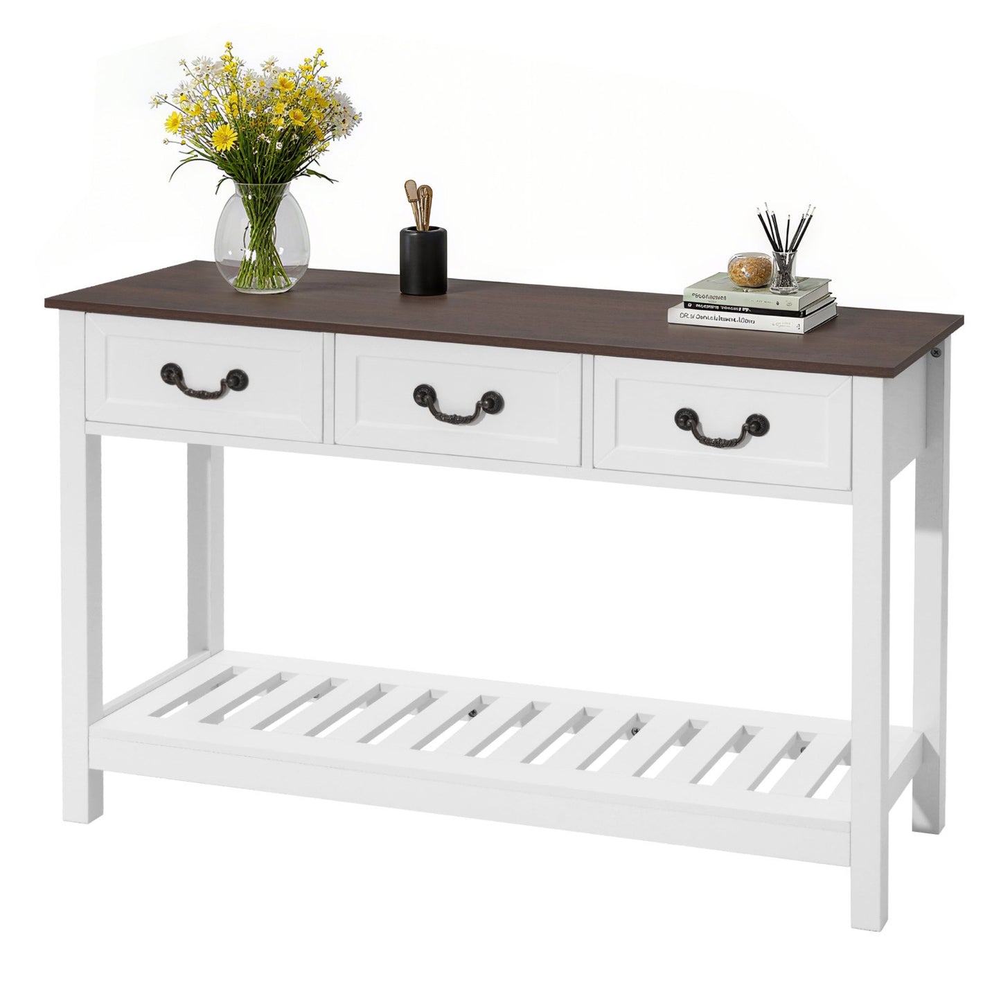 47 In Console Table, Farmhouse Desk Behind The Couch With Drawers And Bottom Storage Shelf, Wooden Rectangle Entrance Narrow Sofa Table For Hallway, Bedroom, Living Room, Foyer, Brown + White