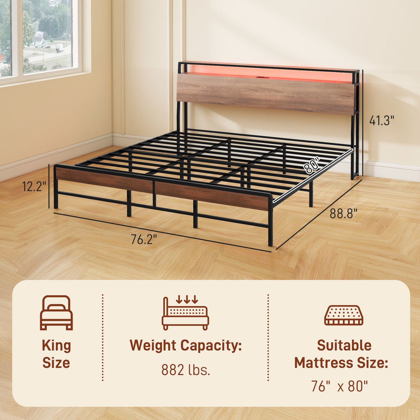 King Size Bed Frame with LED Lights and Charging Station, King Bed Frame with Storage Headboard, Noise-Free, Walnut