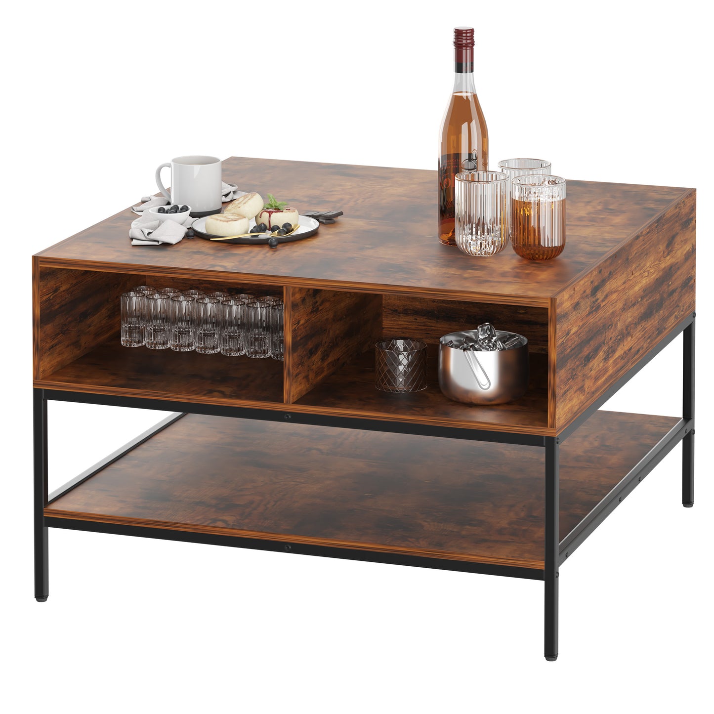 Farmhouse Flip Top Coffee Table With Storage Rustic Wood Grain Table, Hidden Storage Compartment For Living Room, Sturdy Metal Frame Easy To Assemble & Clean