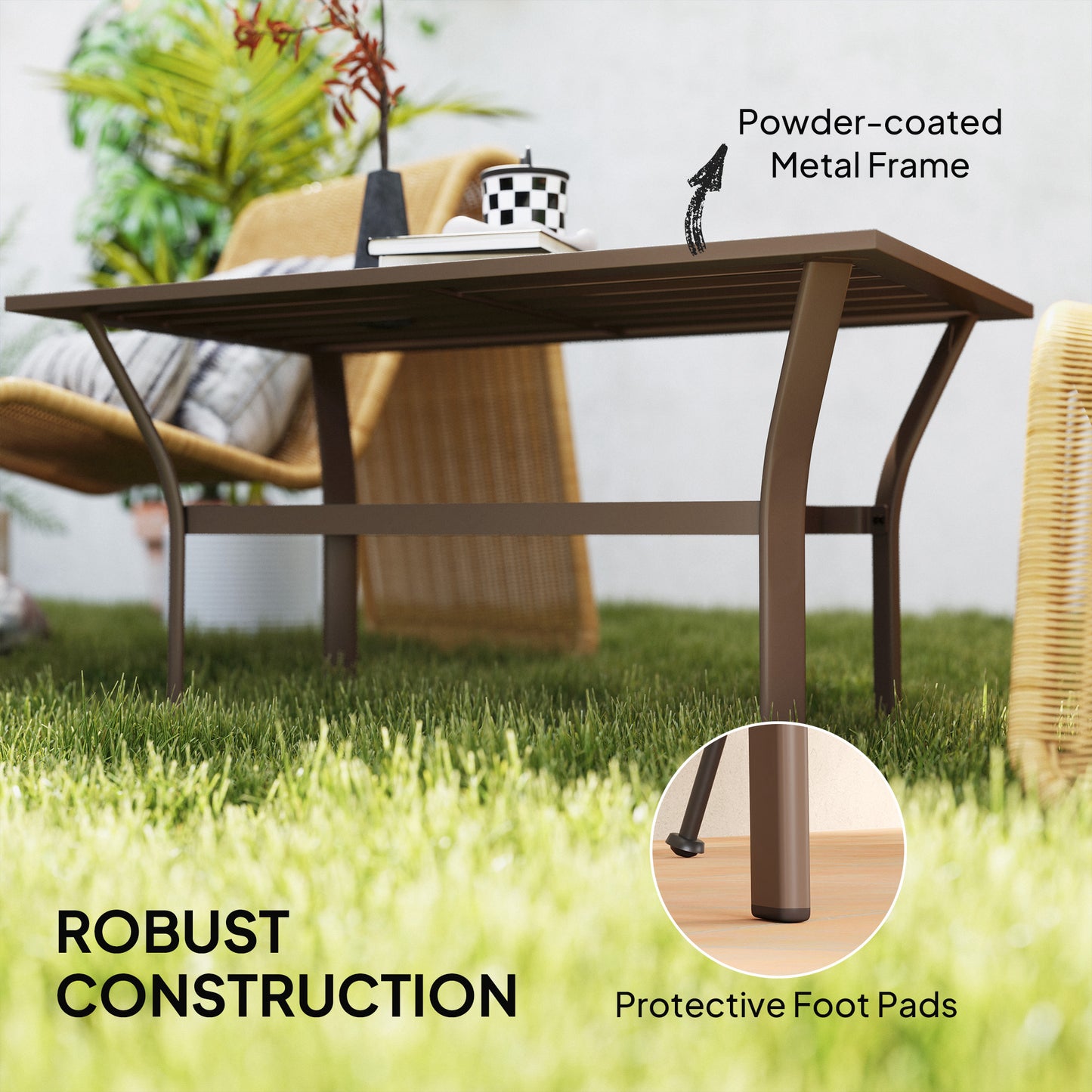 Outdoor Coffee Table with Slatted Tabletop, All-Weather Rectangle Metal Patio Coffee Table for Garden, Brown