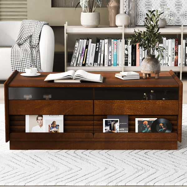 U-Can Modern Rectangle Coffee Table With 4 Drawers And 2 Display Shelves,  Wood Coffee Table With Fluted Style, Tempered Glass For Living Room