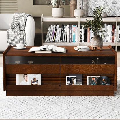 U-Can Modern Rectangle Coffee Table With 4 Drawers And 2 Display Shelves,  Wood Coffee Table With Fluted Style, Tempered Glass For Living Room