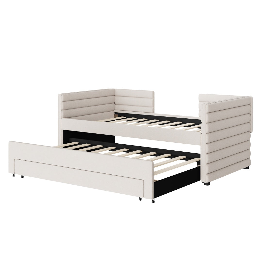 Twin Size Upholstered Daybed With Trundle And 3 Storage Drawers, Chenille Fabric Sofa Bed For Guest Room, Living Room, Space-Saving Modern Day Bed Frame, No Box Spring Needed