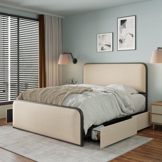 Modern Metal Bed Frame With Curved Upholstered Headboard And Footboard Bed With 4 Storage Drawers, Heavy Duty Metal Slats, Queen Size, Beige