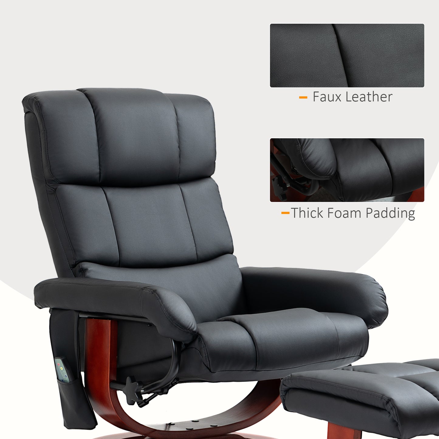 Recliner Chair with Ottoman, Electric Faux Leather Recliner with 10 Vibration Points and 5 Massage Mode, Reclining Chair with Swivel Wood Base, Remote Control and Side Pocket, Black