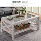 Coffee Table with Tempered Glass Tabletop, Living Room Table with Wood Frame and Underneath Storage Shelf, White Oak