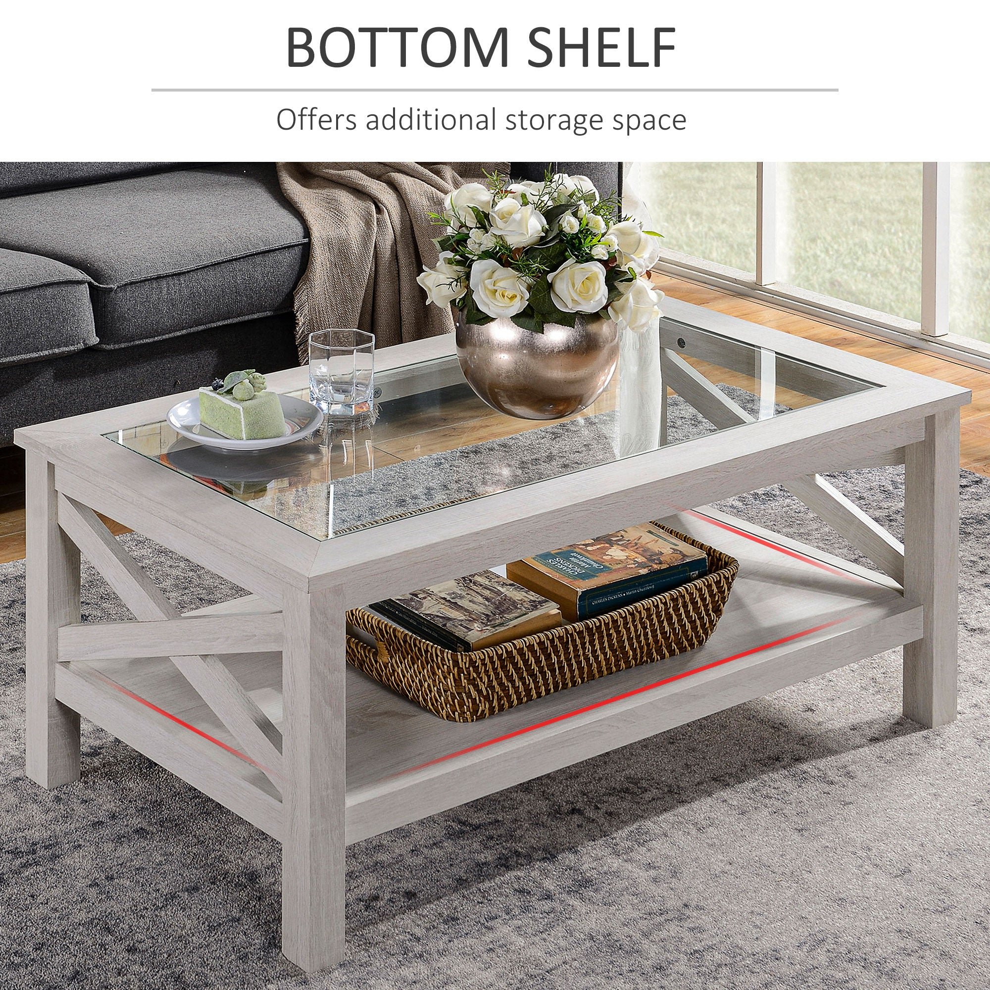 Coffee Table with Tempered Glass Tabletop, Living Room Table with Wood Frame and Underneath Storage Shelf, White Oak