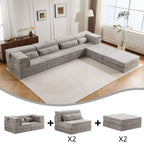 Compression Mahjong Sofa,Convertible Floor Sofa Bed,DIY Boneless Modular Sectional Sofa,No Assembly Required,Circle Fleece Fabric,Oversized 4 Seater With 2 Ottoman,Light-grey
